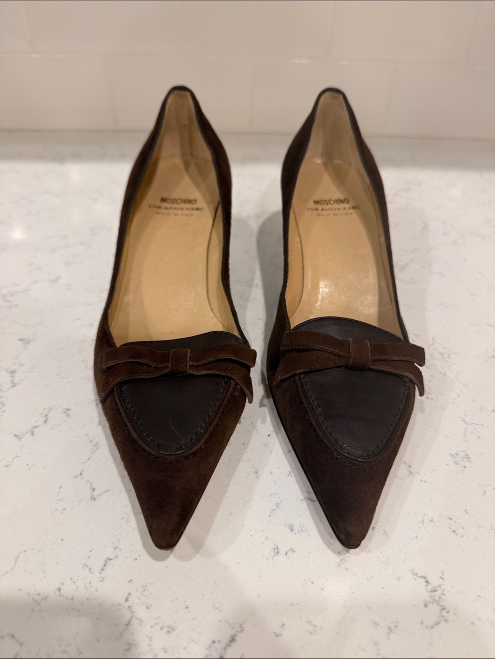 Vintage Moschino Cheap and Chic Dark Brown Suede Pointed-Toe Loafers with Bow